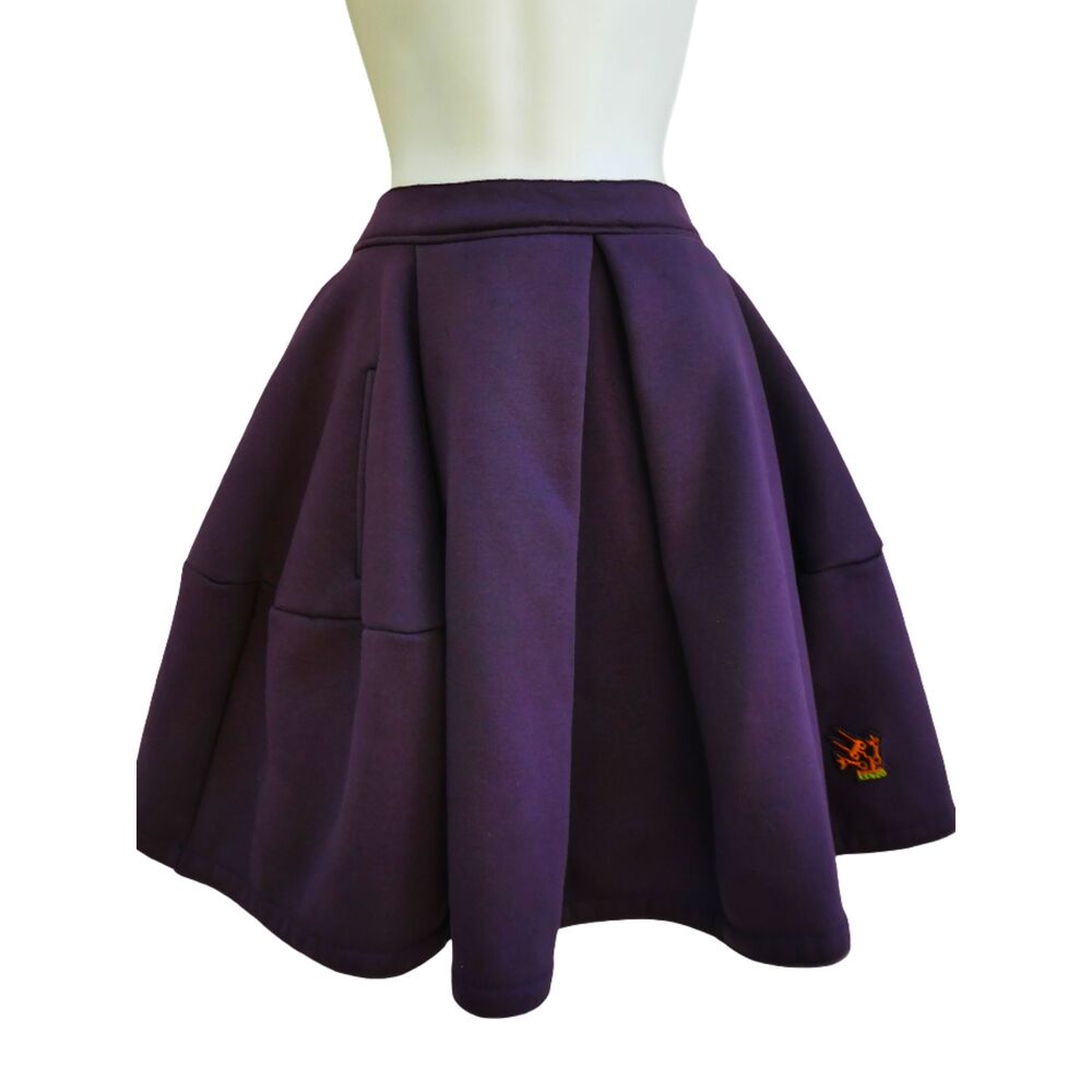 Kenzo Paris Designer Purple Scuba Mini Skirt Pleated Kenzo Crest Pockets Thick S